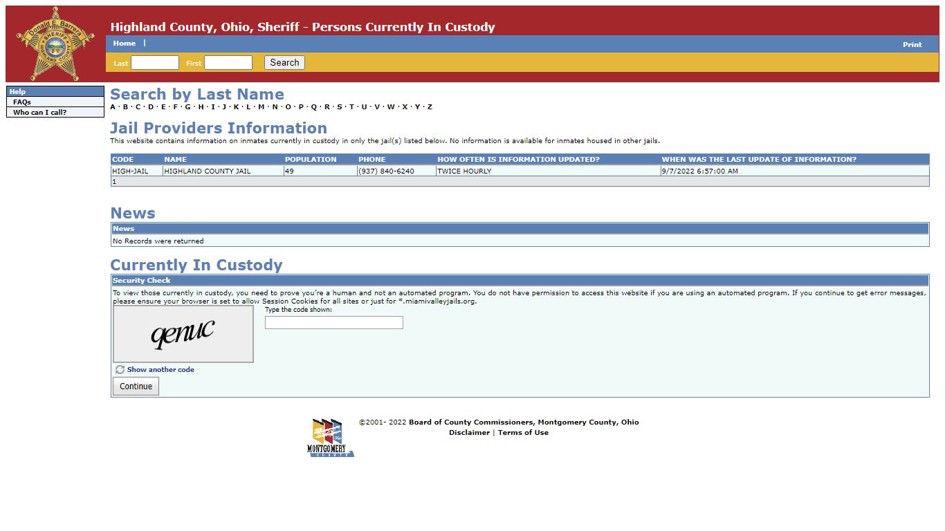 Highland County, Ohio, Sheriff - Persons Currently In Custody